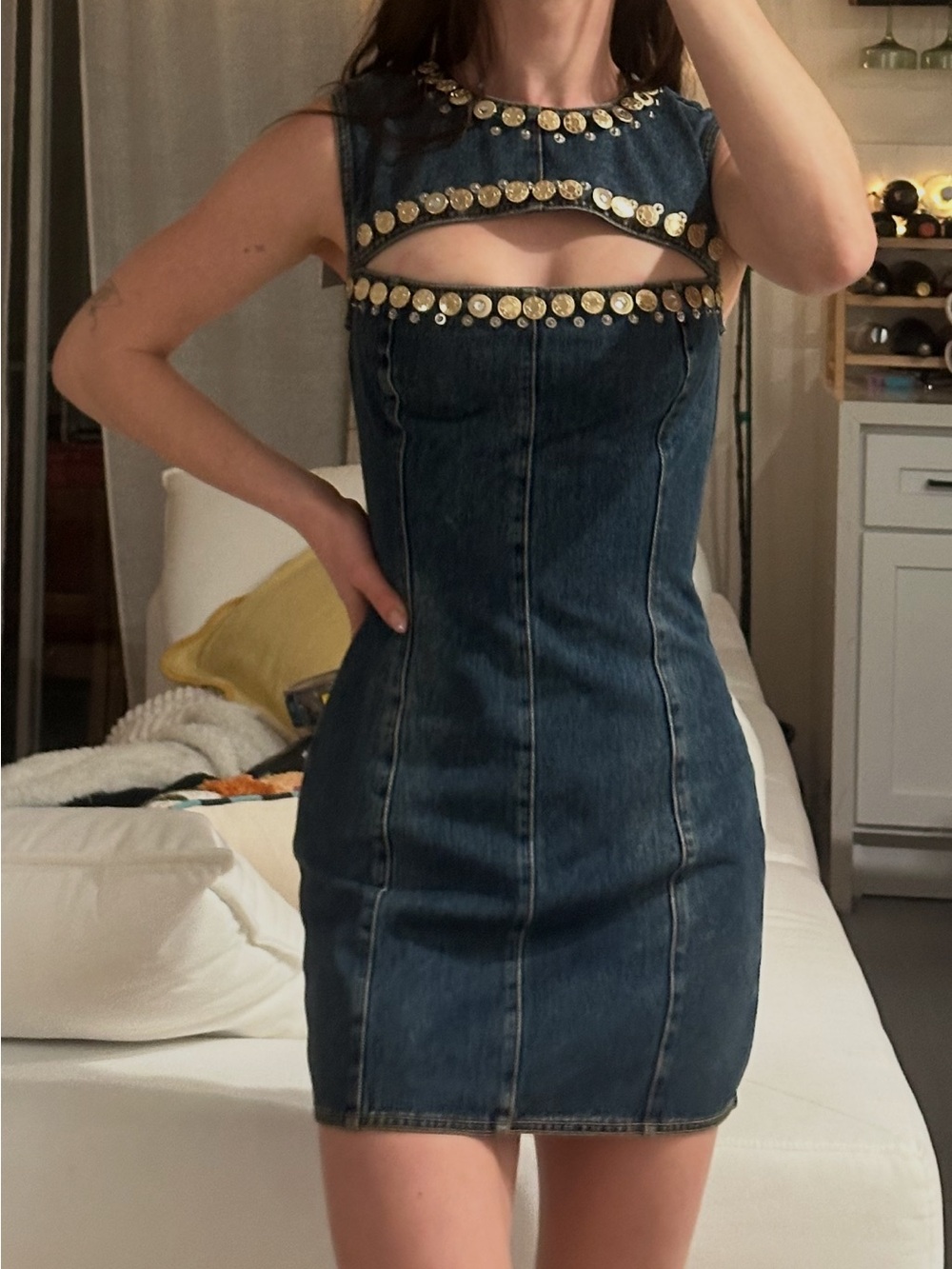 AREA Denim Mini Dress with Gold Coin Trim